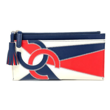 CHANEL Card Case lambskin Blue x white x red CC COCO Mark fringe Women Used Authentic